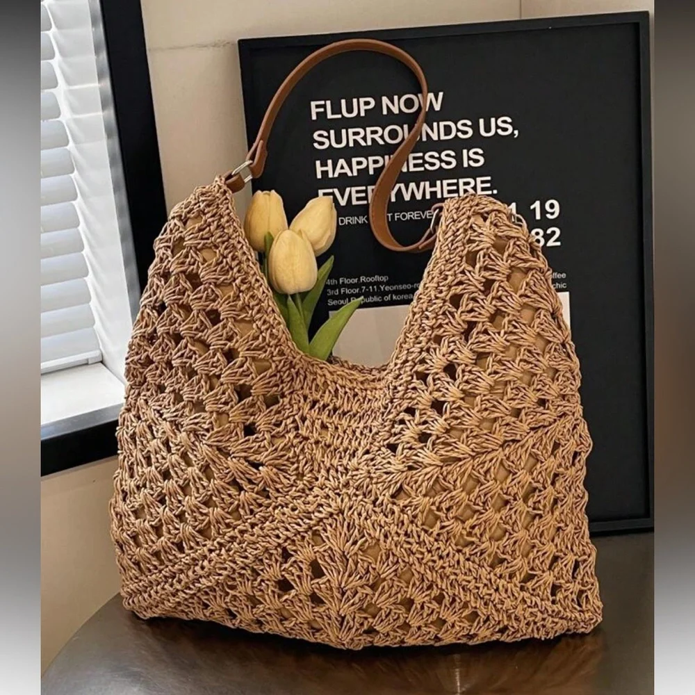 Elegant Khaki Crochet Hobo Bag